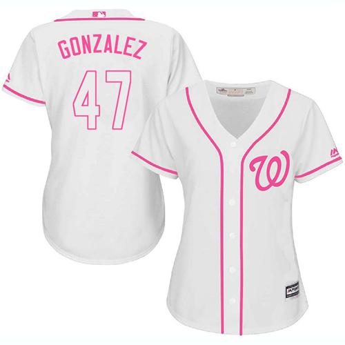 Nationals #47 Gio Gonzalez White/Pink Fashion Women's Stitched MLB Jersey